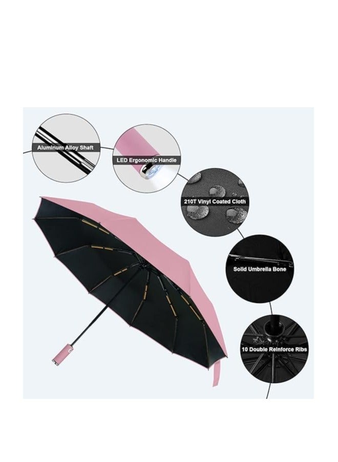 Inverted Folding Umbrella with LED Flashlight | 10-Rib Windproof Travel Umbrella, Auto Open & Close, Teflon Coated, Anti-UV, Compact & Portable with Reflective Strips for Rain & Sun | Strong Aluminum & Fiberglass Frame - Image 2
