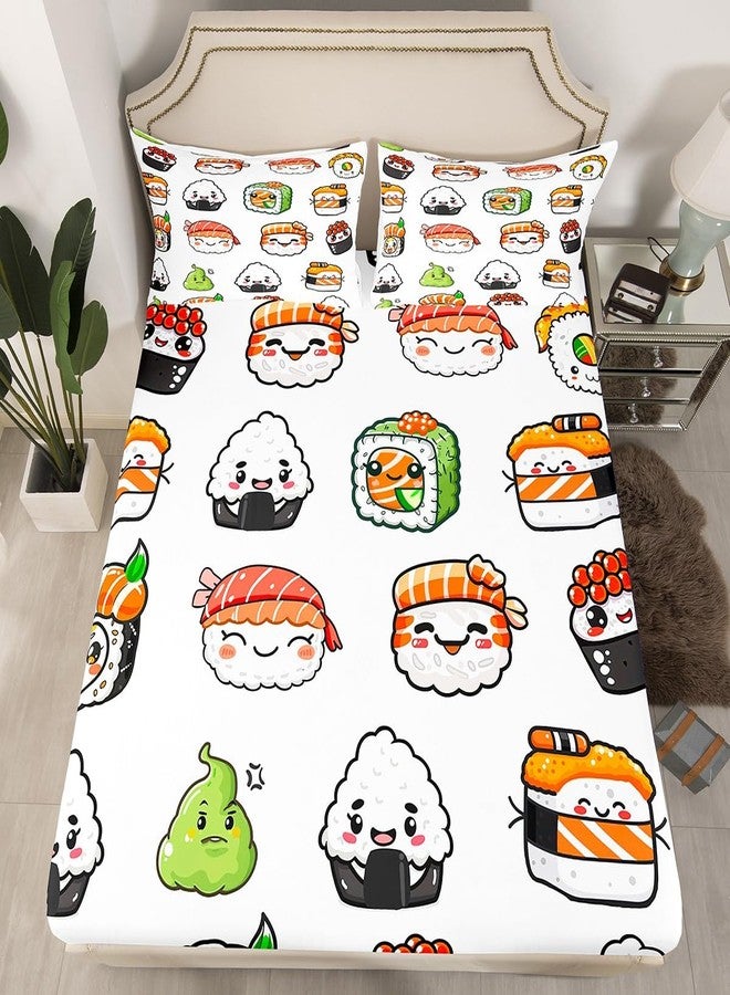 Feelyou Kids Bed Sheets Twin Size Cute Sushi Print Bed Sheet Set For Girls Boys Children Bedroom Kawaii Decor Cartoon Japanese Style Bedding Set Teens Sheets Set with Fitted Sheet, Flat Sheet,1 Pillow Case - Image 3