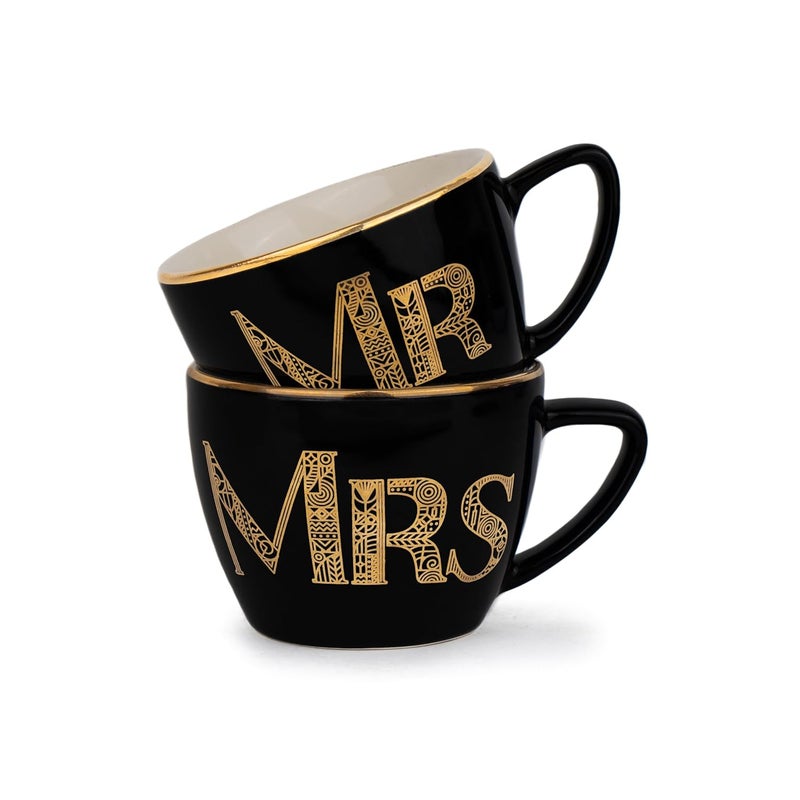 Shay طقم أكواب سيراميك للزوجين 2 أسود 400 مل Mr Mrs أكواب قهوة لمسة لامعة كوب كبير للقهوة كوب سيراميك من الحجر الفاخر Mr Mrs - Image 1