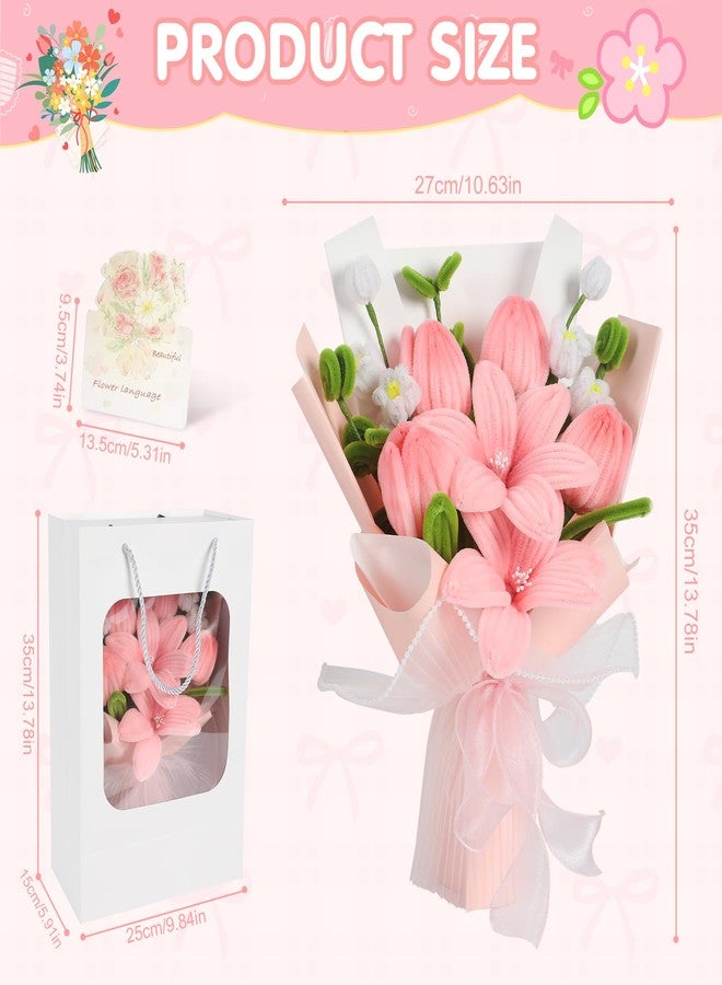 GYHPD Pipe Cleaner & Crochet Flower Bouquet, Handmade Knitted Pink Tulip Bouquet with Card, Birthday Gifts for Women, Preserved Fake Flowers Gifts for Women Lover Anniversary Mother's Day Graduation - Image 2
