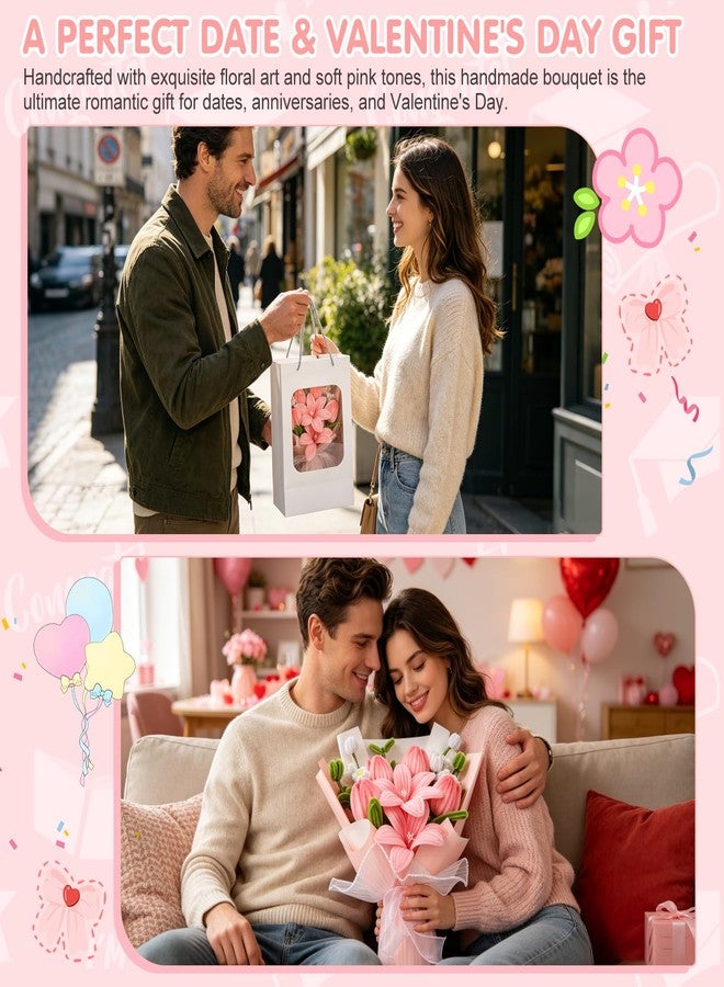 GYHPD Pipe Cleaner & Crochet Flower Bouquet, Handmade Knitted Pink Tulip Bouquet with Card, Birthday Gifts for Women, Preserved Fake Flowers Gifts for Women Lover Anniversary Mother's Day Graduation - Image 4