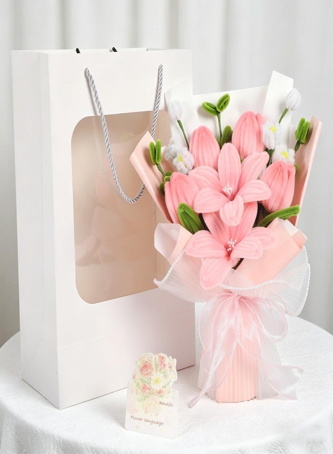 GYHPD Pipe Cleaner & Crochet Flower Bouquet, Handmade Knitted Pink Tulip Bouquet with Card, Birthday Gifts for Women, Preserved Fake Flowers Gifts for Women Lover Anniversary Mother's Day Graduation - Image 1