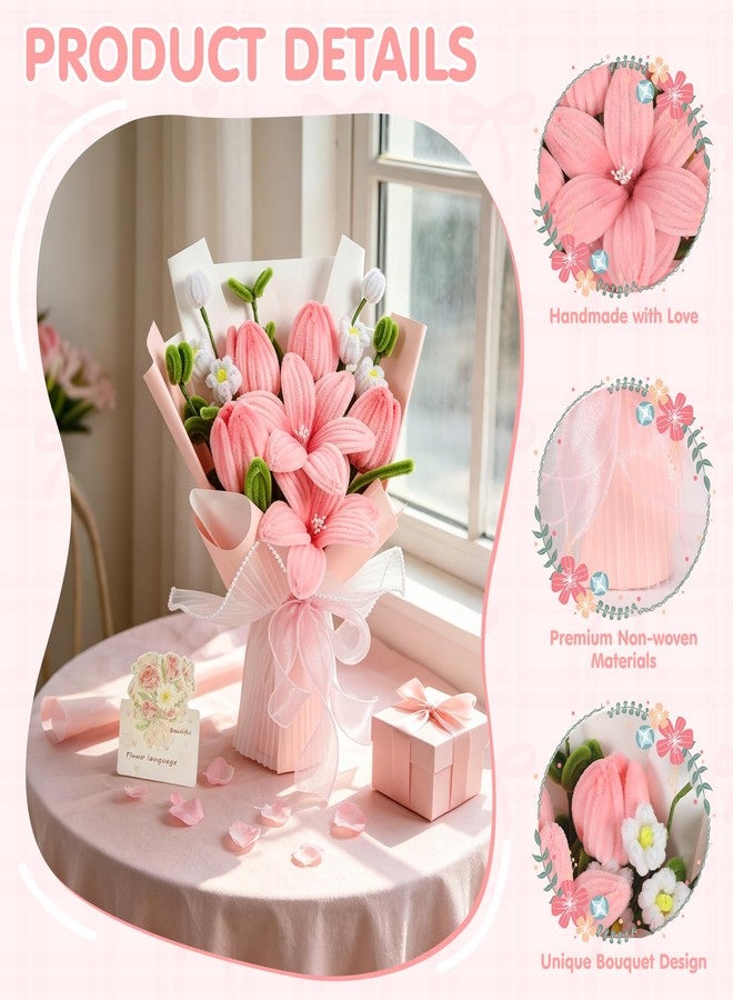 GYHPD Pipe Cleaner & Crochet Flower Bouquet, Handmade Knitted Pink Tulip Bouquet with Card, Birthday Gifts for Women, Preserved Fake Flowers Gifts for Women Lover Anniversary Mother's Day Graduation - Image 3