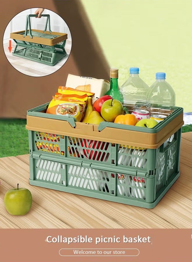Beauenty Collapsible picnic basket,Hand-Held Picnic Basket, Portable Camping Basket, Vegetable Crates,Portable Plastic Storage Basket Grocery Bin, Kitchen Basket, Supermarket Shopping Basket - Image 1