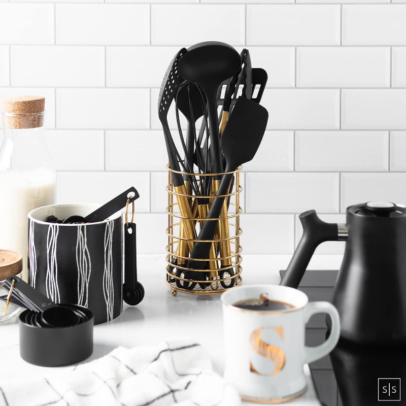 styled settings Black and Gold Kitchen Utensils Set with Stainless Steel Holder – 18-Piece Nylon Cooking Utensils with Measuring Cups and Spoons – Stylish Gold Kitchen Accessories for Baking and Cooking - Image 3