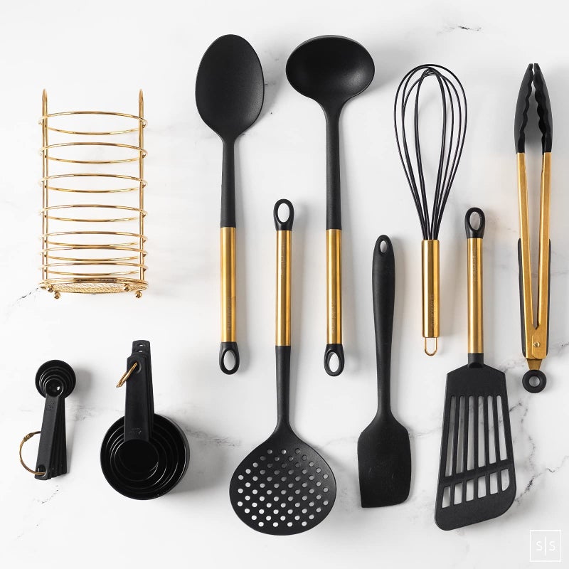 styled settings Black and Gold Kitchen Utensils Set with Stainless Steel Holder – 18-Piece Nylon Cooking Utensils with Measuring Cups and Spoons – Stylish Gold Kitchen Accessories for Baking and Cooking - Image 2