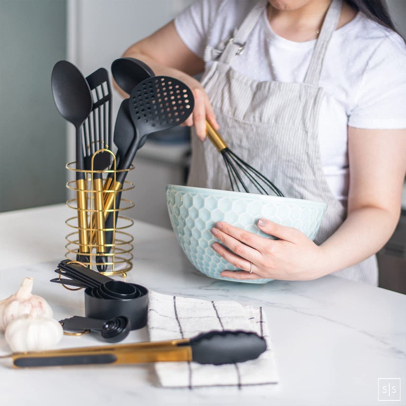 styled settings Black and Gold Kitchen Utensils Set with Stainless Steel Holder – 18-Piece Nylon Cooking Utensils with Measuring Cups and Spoons – Stylish Gold Kitchen Accessories for Baking and Cooking - Image 5