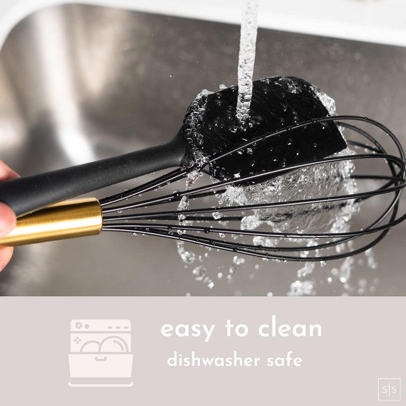 styled settings Black and Gold Kitchen Utensils Set with Stainless Steel Holder – 18-Piece Nylon Cooking Utensils with Measuring Cups and Spoons – Stylish Gold Kitchen Accessories for Baking and Cooking - Image 4