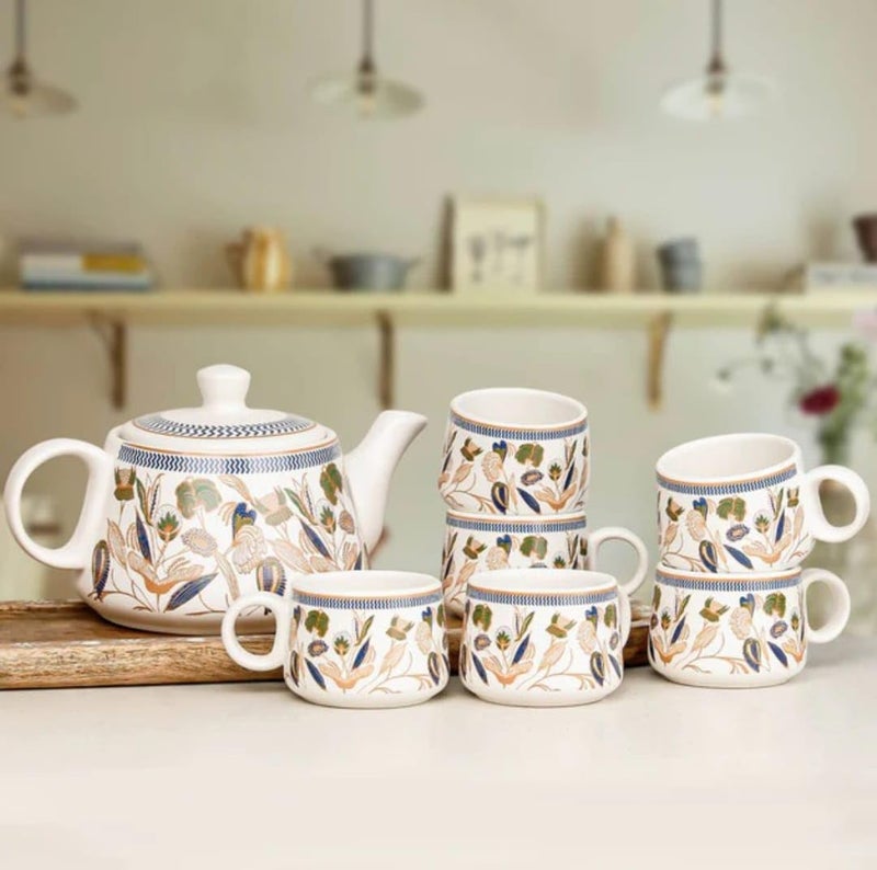 Maxxinn Bronze Petals Ceramic Tea Set with Kettle 6 Tea Cups & 1 Kettle | Microwave and Dishwasher Safe Teapot Set | Kettle Set with Cups | Morning Cup Set with Kettle for Gifting - Image 3