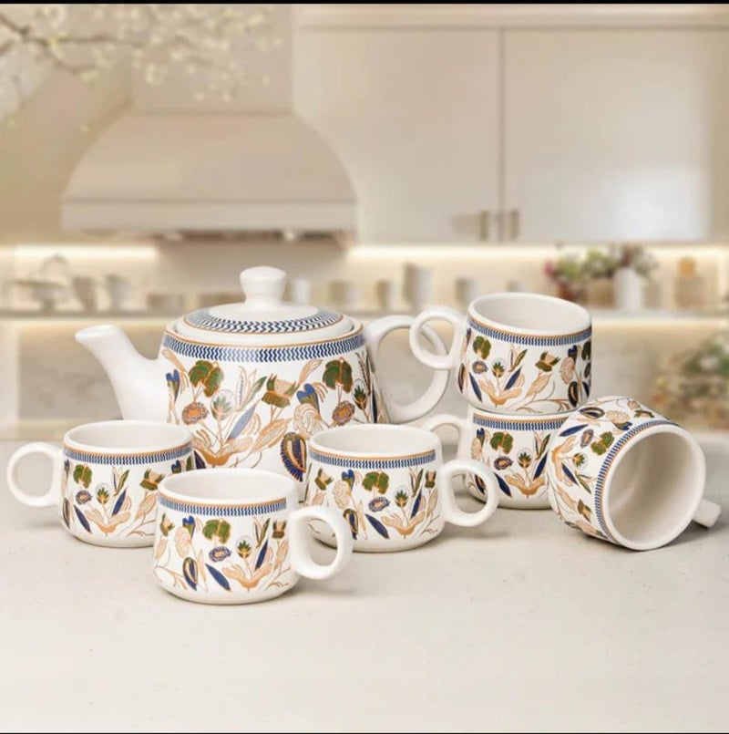 Maxxinn Bronze Petals Ceramic Tea Set with Kettle 6 Tea Cups & 1 Kettle | Microwave and Dishwasher Safe Teapot Set | Kettle Set with Cups | Morning Cup Set with Kettle for Gifting - Image 4