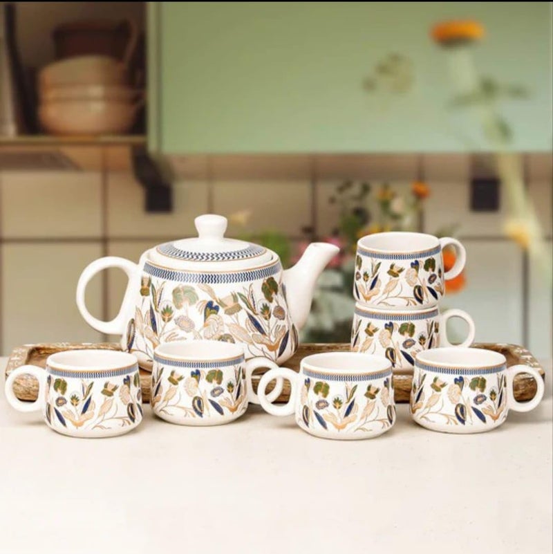 Maxxinn Bronze Petals Ceramic Tea Set with Kettle 6 Tea Cups & 1 Kettle | Microwave and Dishwasher Safe Teapot Set | Kettle Set with Cups | Morning Cup Set with Kettle for Gifting - Image 2