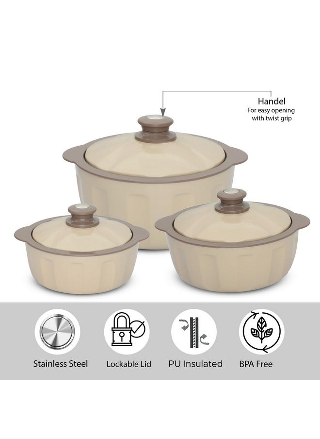 JAYPEE JAYPEE HOTFEAST Inner Stainless Steel Casserole Set of 3 with Lockable Lid,(800+1200+1500 ml), BPA Free Casserole Set of 3 Food Grade Serving Set| Ideal for Warm & Fresh Food & Chapatti, Coffee 