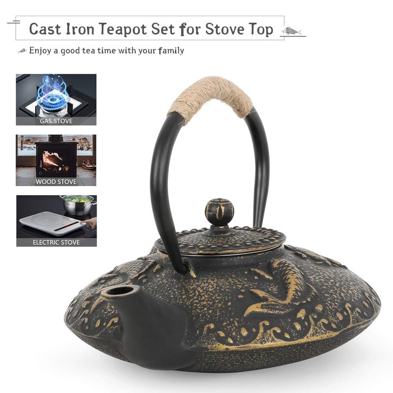 CBEX Cast Iron Teapot Japanese Style Tetsubin Tea Kettle with Infuser Iron Tea Set Gift for Adult Father Mother Family Black Golden Koi Fish Pattern750ml - Image 2