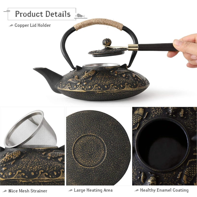 CBEX Cast Iron Teapot Japanese Style Tetsubin Tea Kettle with Infuser Iron Tea Set Gift for Adult Father Mother Family Black Golden Koi Fish Pattern750ml - Image 3