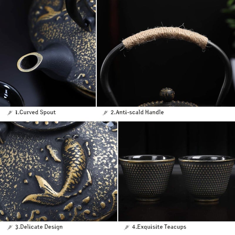 CBEX Cast Iron Teapot Japanese Style Tetsubin Tea Kettle with Infuser Iron Tea Set Gift for Adult Father Mother Family Black Golden Koi Fish Pattern750ml - Image 4