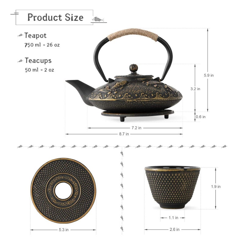 CBEX Cast Iron Teapot Japanese Style Tetsubin Tea Kettle with Infuser Iron Tea Set Gift for Adult Father Mother Family Black Golden Koi Fish Pattern750ml - Image 5