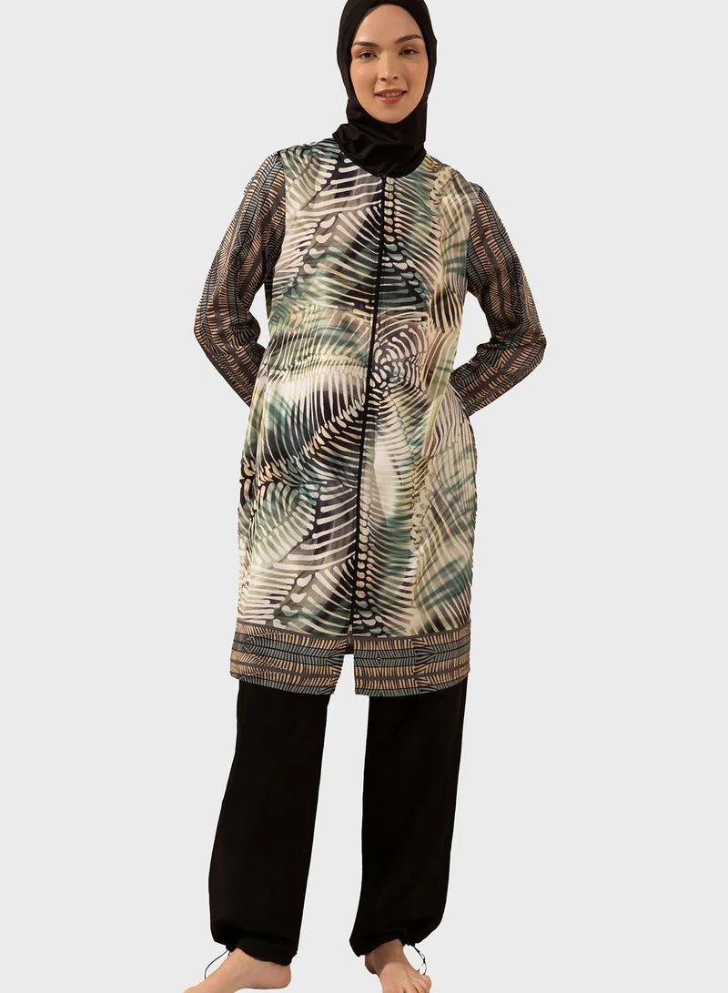 Mayo Bella by Modanisa Printed Zip Detail Burkini Set