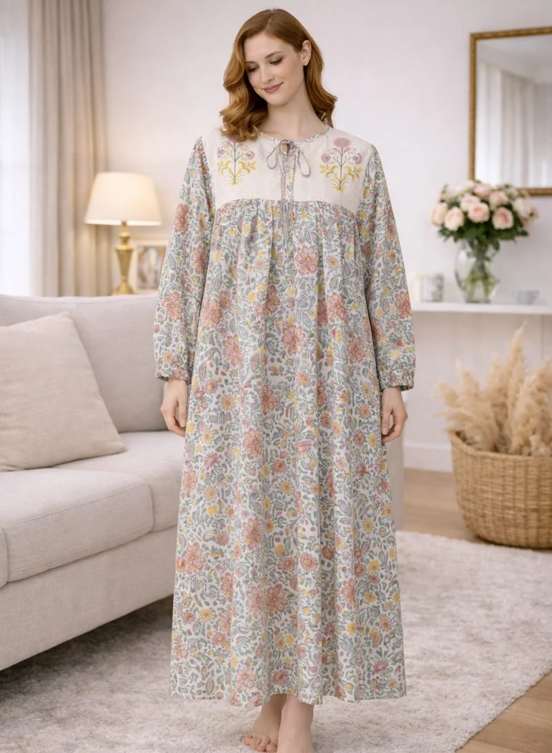 Artemea Women’s Floral Print Jalabiya | Premium Cotton | Yoke with neck tie up Design | Full-Length Modest Wear