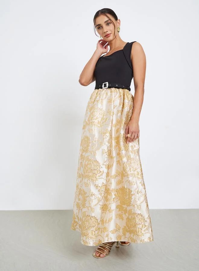Styli Beige Floral Belted Sleeveless Maxi Dress