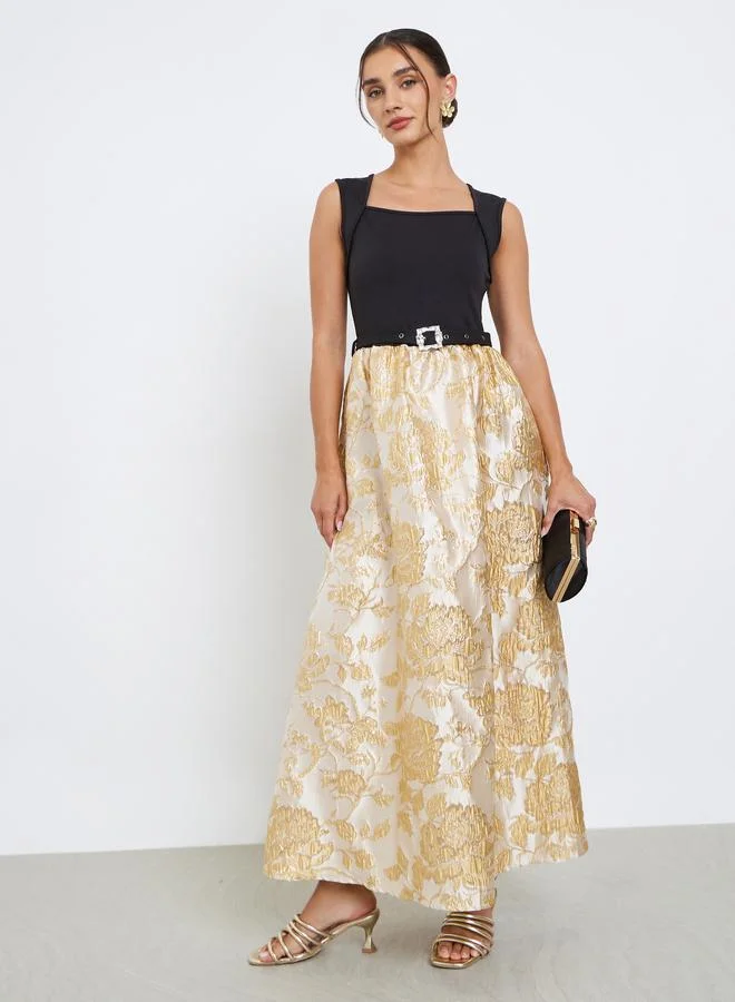Styli Beige Floral Belted Sleeveless Maxi Dress
