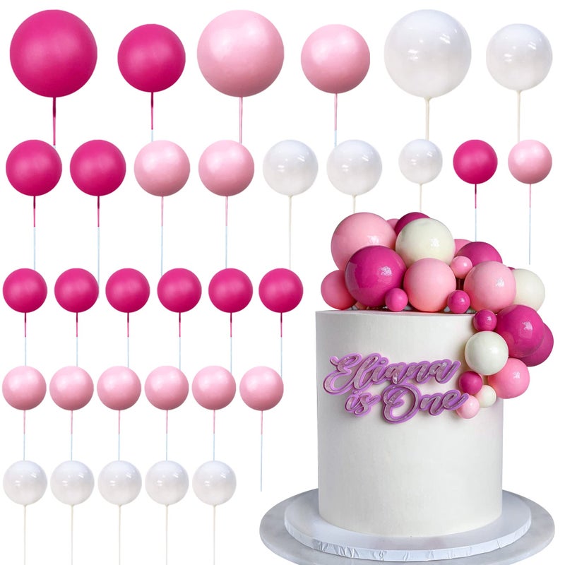 RASSLISA Ball Cake Topper Ball Cake Picks Colorful Pearl Ball Shaped Cupcake Insert Cake Topper for Bear Theme Birthday Party Favors Wedding Decoration Pink White Hot Pink - Image 2