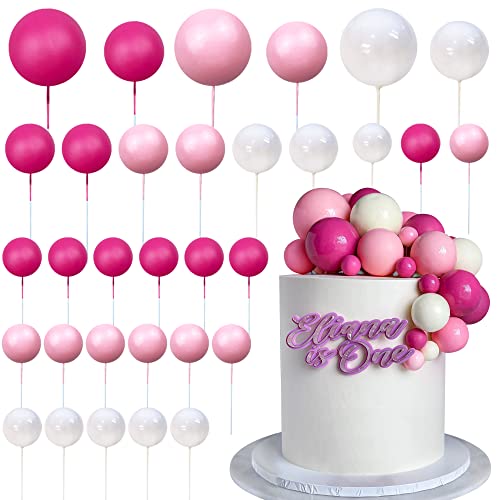 RASSLISA Ball Cake Topper Ball Cake Picks Colorful Pearl Ball Shaped Cupcake Insert Cake Topper for Bear Theme Birthday Party Favors Wedding Decoration Pink White Hot Pink - Image 1