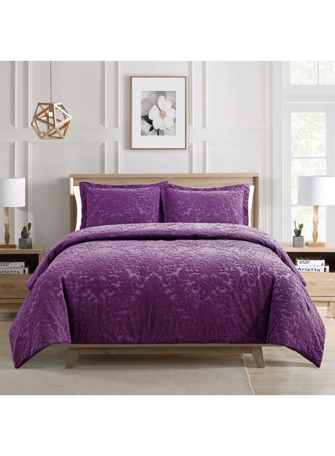 Sunshine Nicole Velvet Jacquard Comforter Set, Velvet Jacquard Face and Brushed Solid Microfiber Reverse, with Light Weight Soft Poly Fill, 3 Pieces Purple, Queen - Image 1