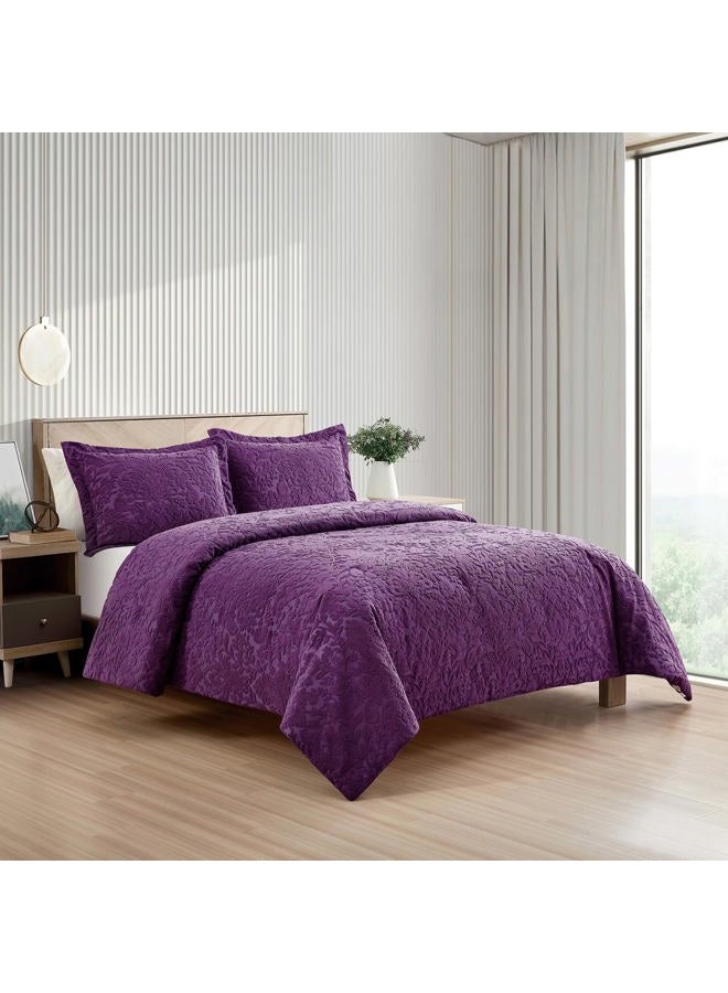 Sunshine Nicole Velvet Jacquard Comforter Set, Velvet Jacquard Face and Brushed Solid Microfiber Reverse, with Light Weight Soft Poly Fill, 3 Pieces Purple, Queen - Image 2