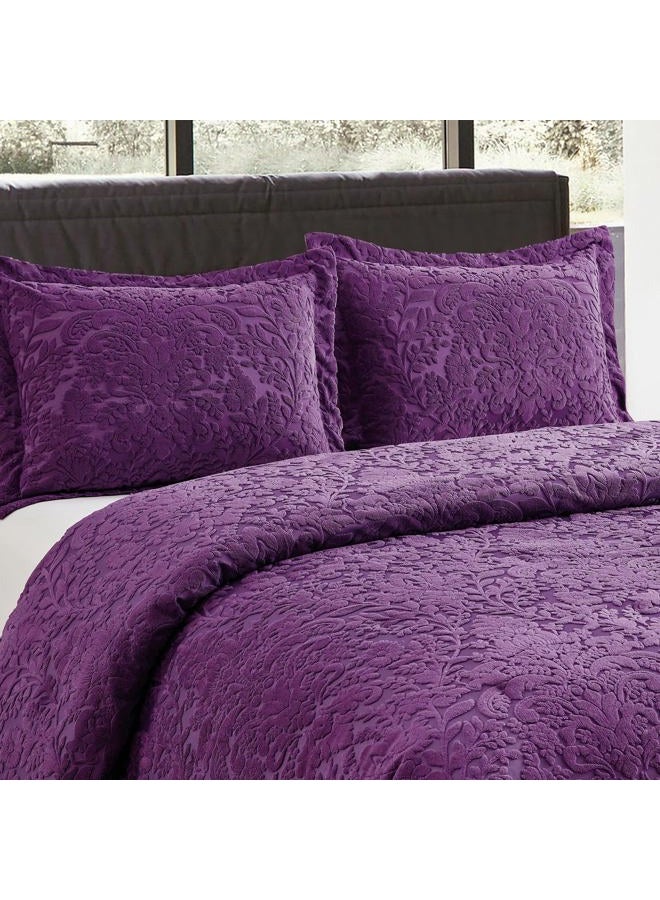 Sunshine Nicole Velvet Jacquard Comforter Set, Velvet Jacquard Face and Brushed Solid Microfiber Reverse, with Light Weight Soft Poly Fill, 3 Pieces Purple, Queen - Image 3