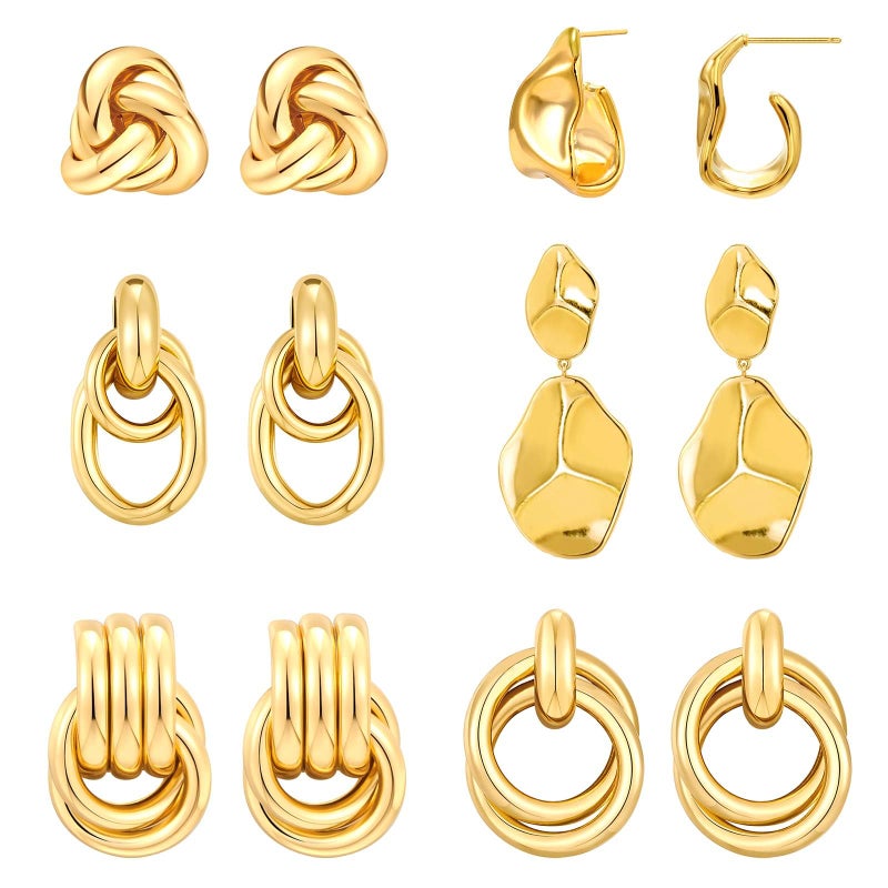 QJLE 6 Pair Chunky Gold Plated Earrings for Women, Geometric Hoop Dangle Earrings Lightweight Teardrop Statement Drop Earrings for Women Trendy Jewelry - Image 1
