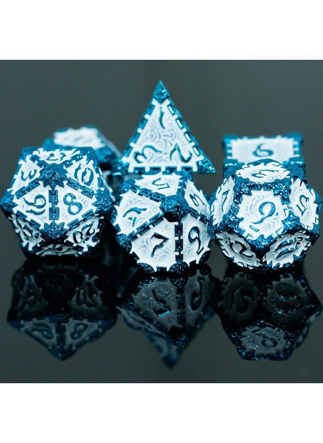 cusdie Metal Dice With Metal Box, 7 Pcs Dnd Metal Dice, Dagger Design Polyhedral Dice Set, For Role Playing Game D&D Dice Mtg Pathfinder (Blue White)  - Image 3