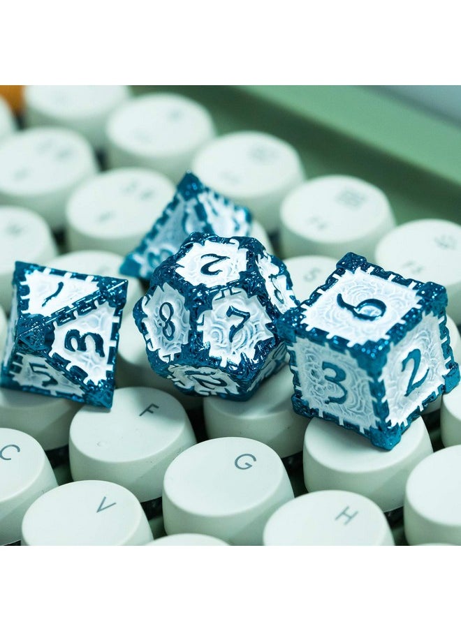 cusdie Metal Dice With Metal Box, 7 Pcs Dnd Metal Dice, Dagger Design Polyhedral Dice Set, For Role Playing Game D&D Dice Mtg Pathfinder (Blue White)  - Image 4