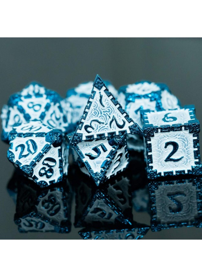 cusdie Metal Dice With Metal Box, 7 Pcs Dnd Metal Dice, Dagger Design Polyhedral Dice Set, For Role Playing Game D&D Dice Mtg Pathfinder (Blue White)  - Image 2
