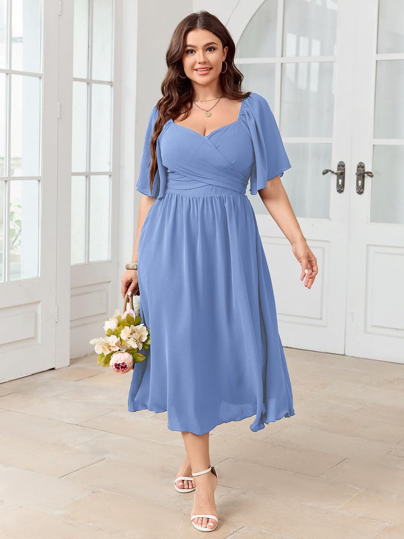 SHESTARR Women's Plus Size Midi Dress Sweetheart Neck Short Sleeve Wedding Guest Cocktail A Line Flowy Dress Sky Blue - Image 4