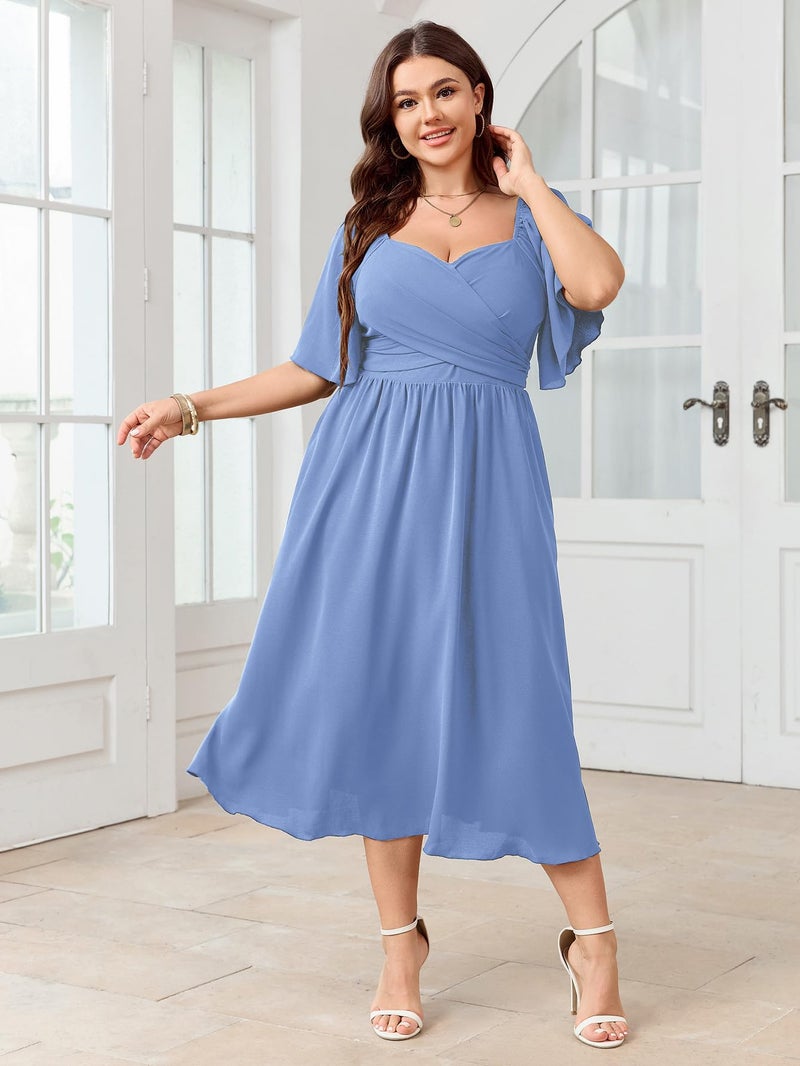SHESTARR Women's Plus Size Midi Dress Sweetheart Neck Short Sleeve Wedding Guest Cocktail A Line Flowy Dress Sky Blue - Image 3