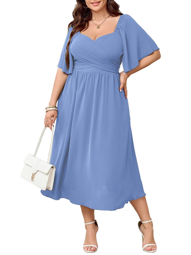 SHESTARR Women's Plus Size Midi Dress Sweetheart Neck Short Sleeve Wedding Guest Cocktail A Line Flowy Dress Sky Blue - Image 1