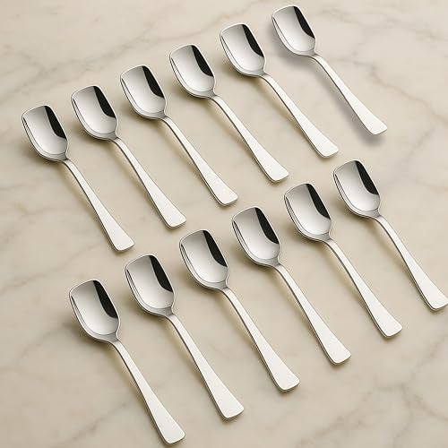 Vemlons Ice Cream Spoon Stainless Steel Set of 12 Icecream Spoons, Silverware Spoon Set, Dinner Spoon 14cm, Food Grade Silverware for Home & Kitchen, Durable Stylish, 12 Silver Spoons - Image 1