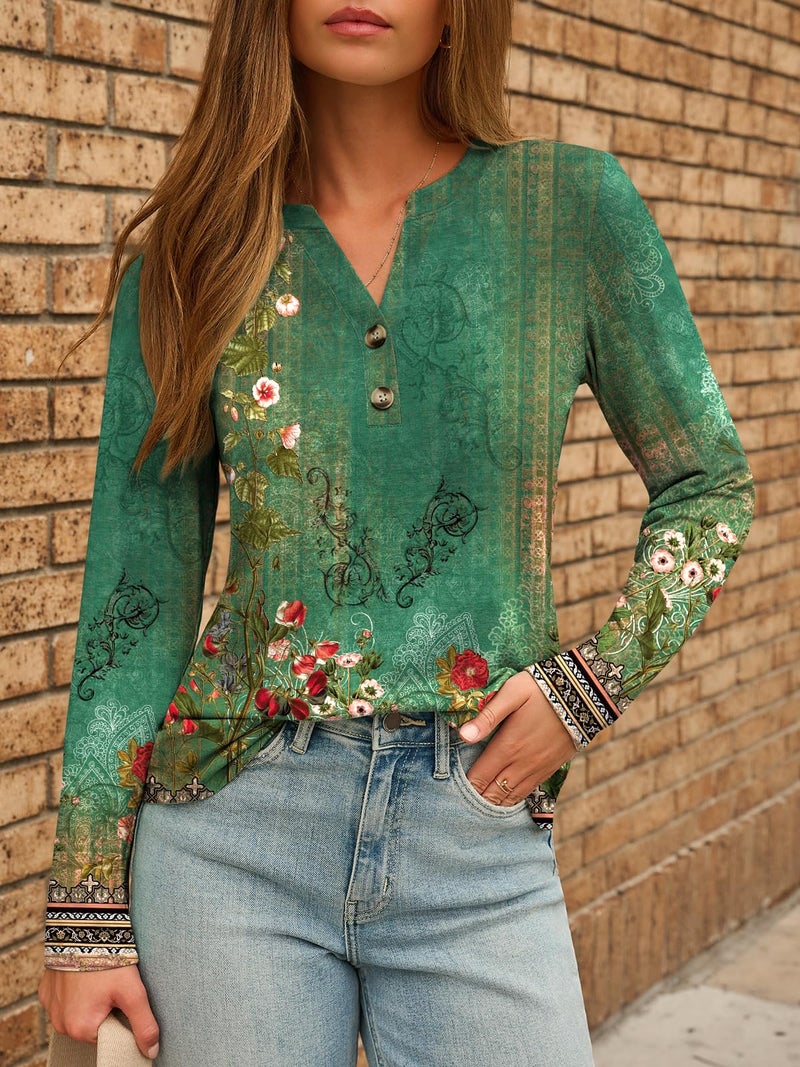 Dealmore Women's Boho Henley Shirts - Soft Stretch Long Sleeve Blouses, Casual Printed V-Neck Tunic Tops FGreen L - Image 2