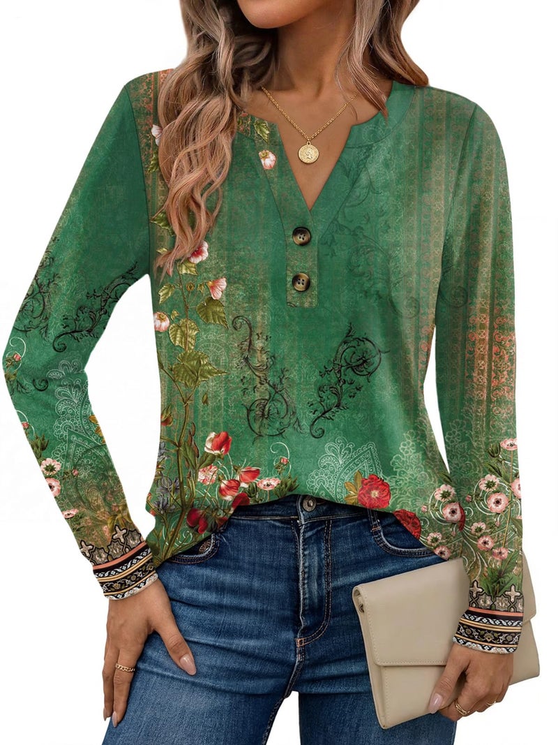 Dealmore Women's Boho Henley Shirts - Soft Stretch Long Sleeve Blouses, Casual Printed V-Neck Tunic Tops FGreen L - Image 1