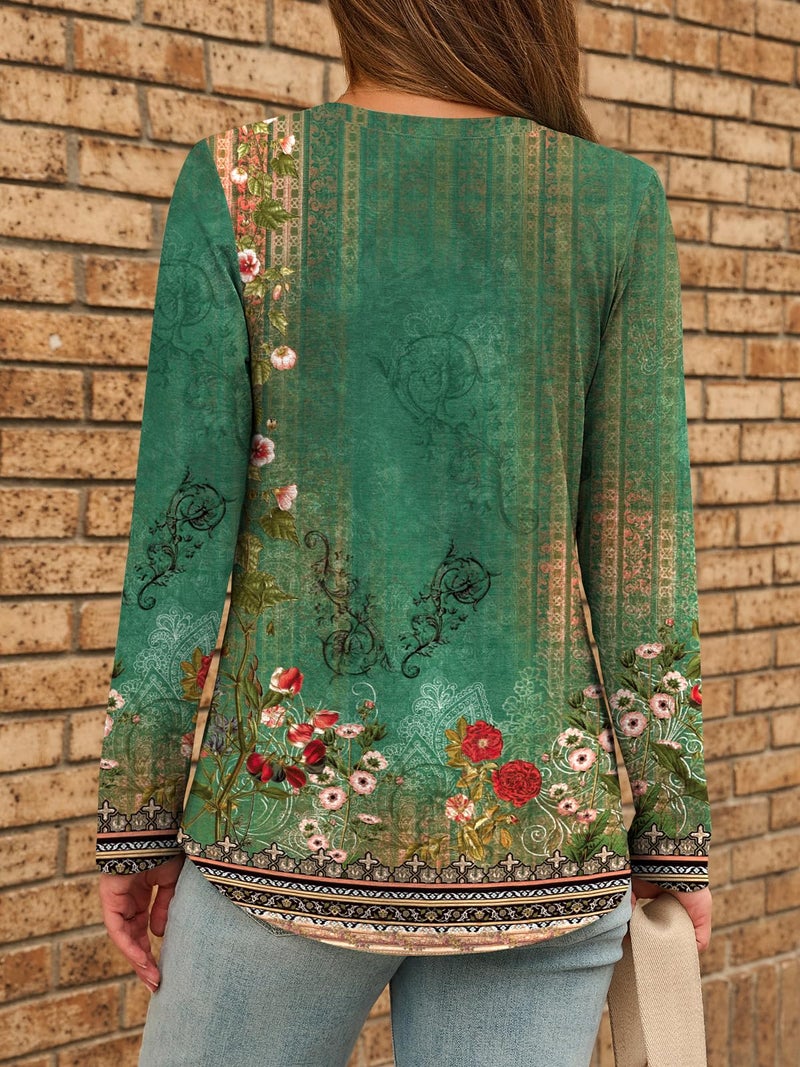 Dealmore Women's Boho Henley Shirts - Soft Stretch Long Sleeve Blouses, Casual Printed V-Neck Tunic Tops FGreen L - Image 4