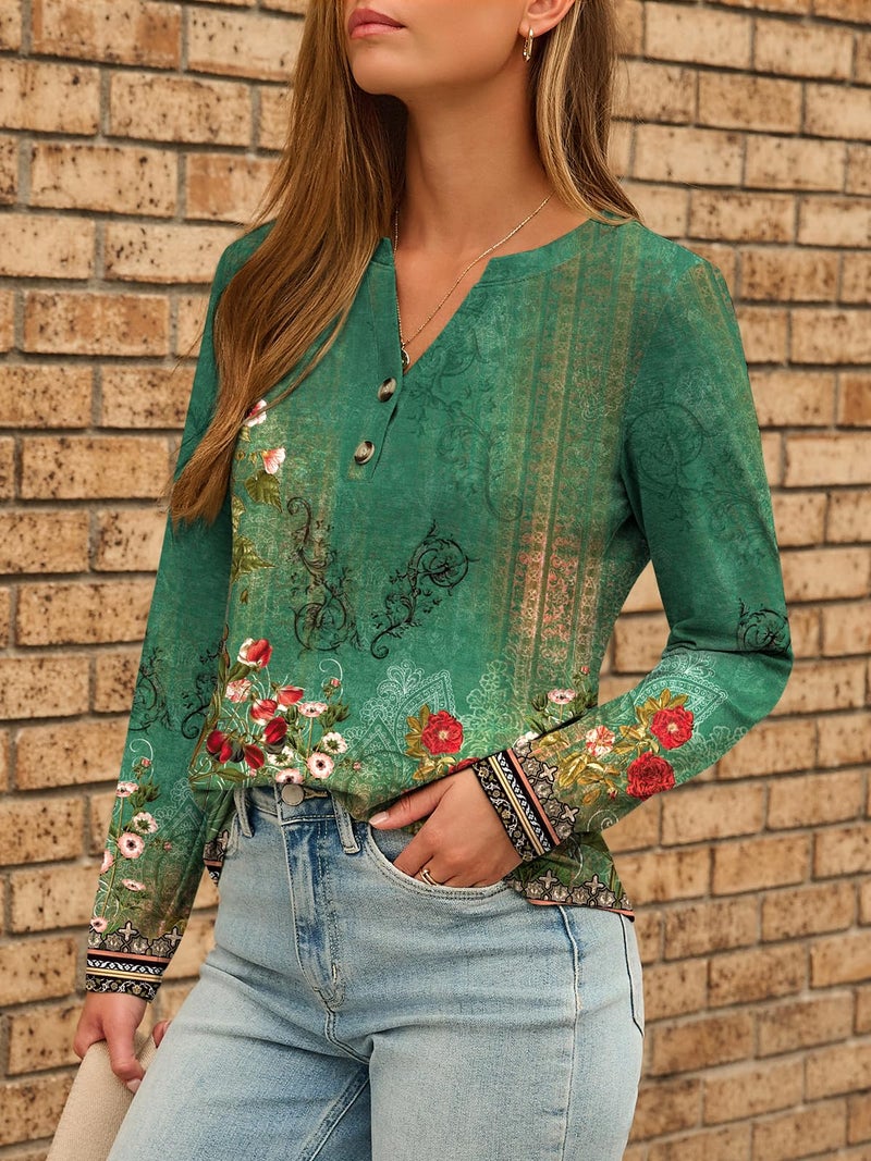 Dealmore Women's Boho Henley Shirts - Soft Stretch Long Sleeve Blouses, Casual Printed V-Neck Tunic Tops FGreen L - Image 3