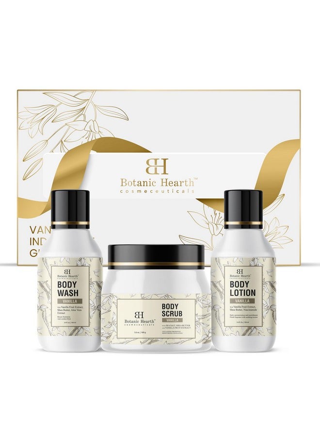Botanic Hearth Valentines Day Vanilla Scented Gift Set of 3 - Body Scrub 5.4 fl oz, Moisturizing Body Wash 3.4 fl oz and Nourishing Body Lotion 3.4 fl oz - Perfect Hydrated Skin - Gentle, Ideal for All Skin Types  - Image 1