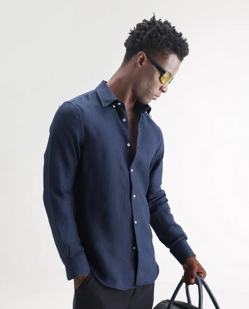 Rare Rabbit Men's Classic 100% Linen Plain Shirt