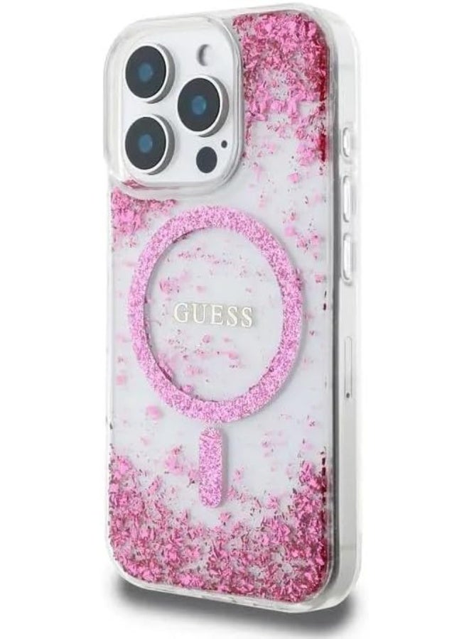 GUESS IPhone 16 Pro Glitter Hard Case with Resin Glitter  with Drop Protection, Secure & Comfortable Grip, Sustainable Packaging, Easy Snap-on Design - Fuchsia - Image 3