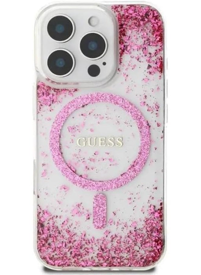 GUESS IPhone 16 Pro Glitter Hard Case with Resin Glitter  with Drop Protection, Secure & Comfortable Grip, Sustainable Packaging, Easy Snap-on Design - Fuchsia - Image 5