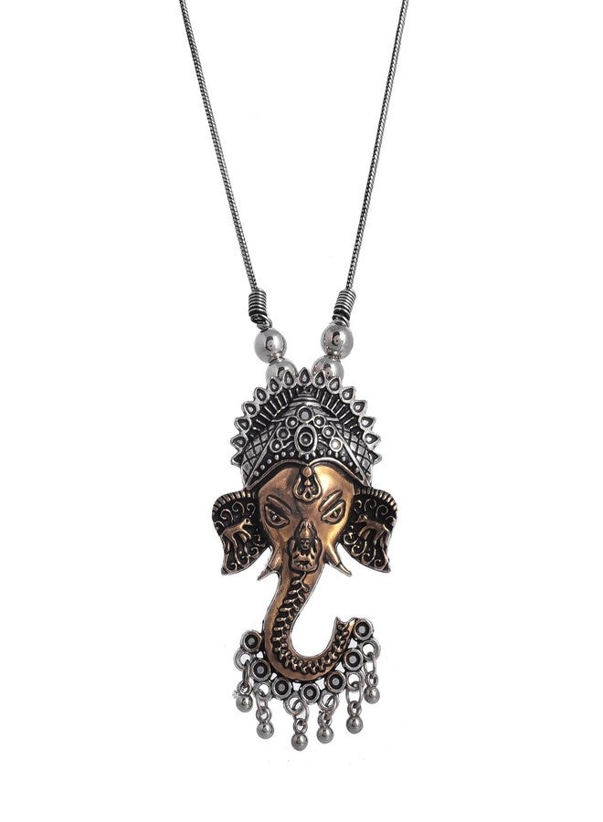 NAMAN ARTS Oxidised Dual Tone Ganesha Pendant Necklace for Women | Antique Gold Lord Ganesh Charm | Pure Brass Lightweight Ethnic Religious Chain Necklace - Image 1