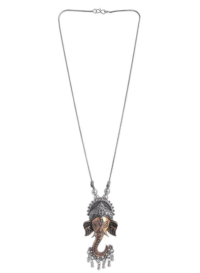 NAMAN ARTS Oxidised Dual Tone Ganesha Pendant Necklace for Women | Antique Gold Lord Ganesh Charm | Pure Brass Lightweight Ethnic Religious Chain Necklace - Image 2
