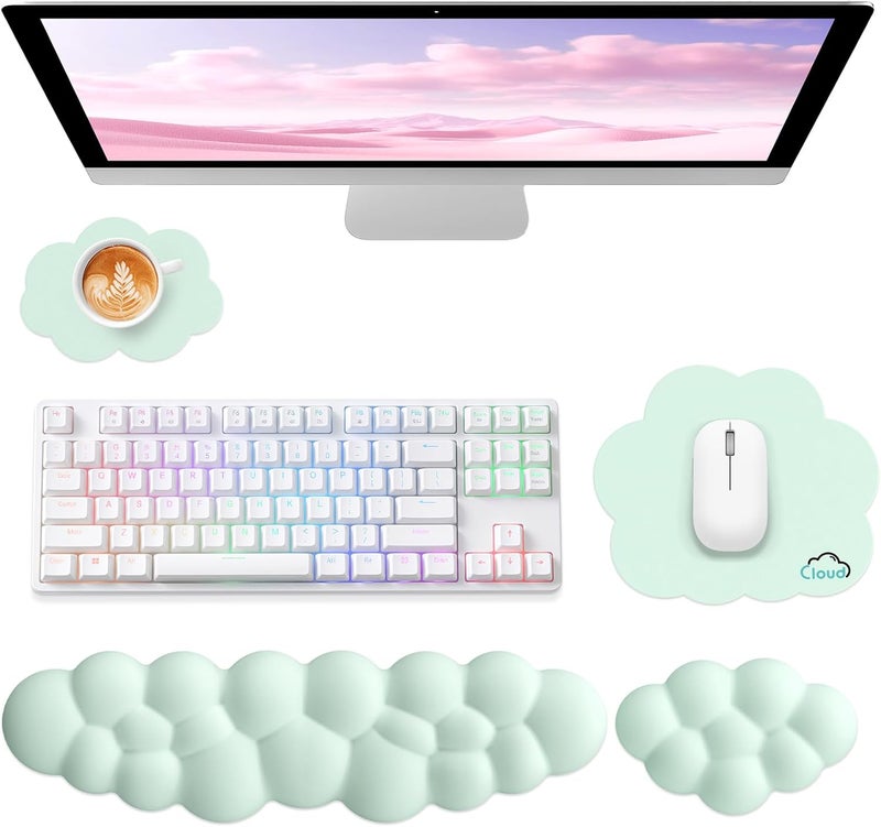 Sushret Cloud Wrist Rest for Computer Keyboard, 4-in-1 Memory Foam Leather Cloud Keyboard Wrist Rest and Mouse Pad Set with Ergonomic Support for Arm and Palm Cushion, Gaming/Work Setup, Light Green - Image 1