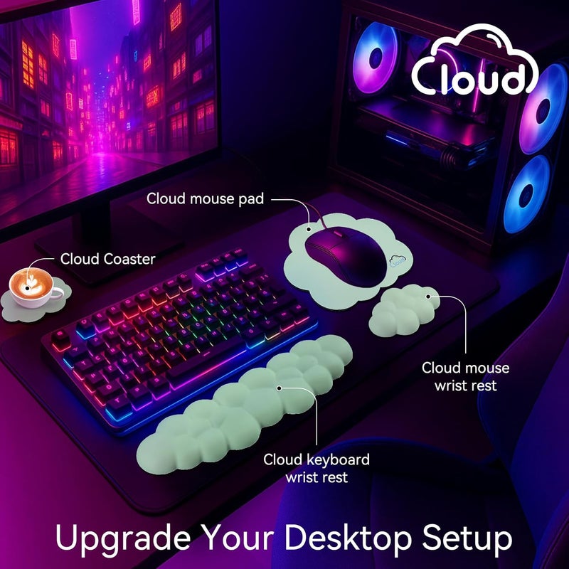Sushret Cloud Wrist Rest for Computer Keyboard, 4-in-1 Memory Foam Leather Cloud Keyboard Wrist Rest and Mouse Pad Set with Ergonomic Support for Arm and Palm Cushion, Gaming/Work Setup, Light Green - Image 2