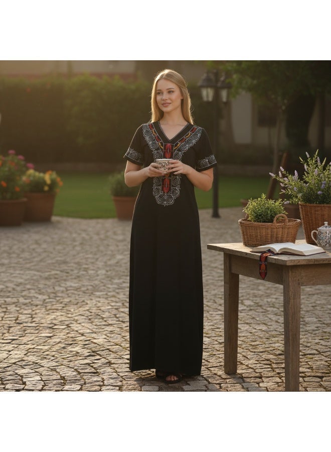 زيكوتكس  جلابية حريمي قطن مطرزة من Zecotex - جلابية طويلة بكم قصير - ملابس منزلية صيفية مريحة - لون أسود - Image 2